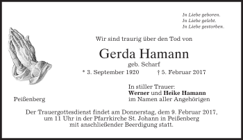 Traueranzeige von Gerda Hamann von merkurtz