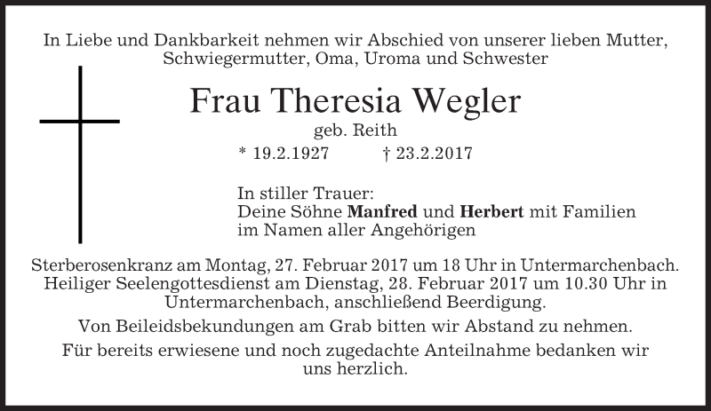  Traueranzeige für Theresia Wegler vom 25.02.2017 aus merkurtz