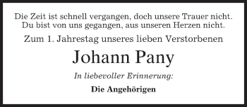 Traueranzeige von Johann Pany von merkurtz