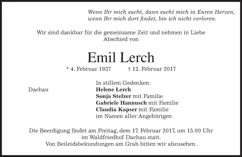  Traueranzeige für Emil Lerch vom 15.02.2017 aus merkurtz