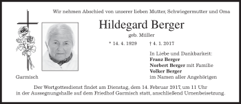 Traueranzeige von Hildegard Berger von merkurtz