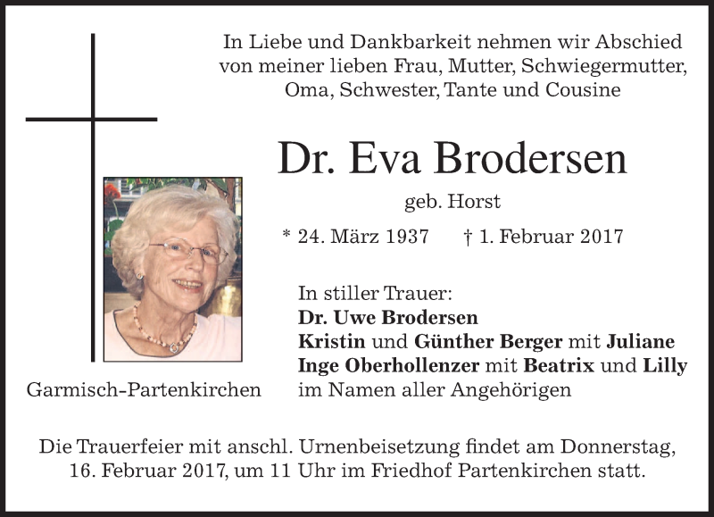  Traueranzeige für Eva Brodersen vom 11.02.2017 aus merkurtz