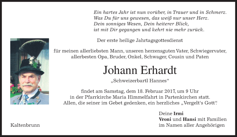  Traueranzeige für Johann Erhardt vom 11.02.2017 aus merkurtz