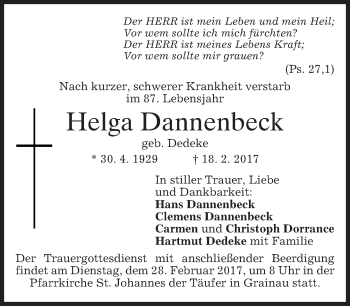 Traueranzeige von Helga Dannenbeck von merkurtz