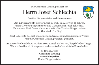 Traueranzeige von Josef Schlechta von merkurtz