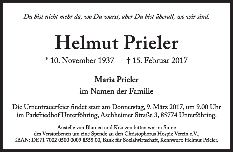  Traueranzeige für Helmut Prieler vom 18.02.2017 aus merkurtz