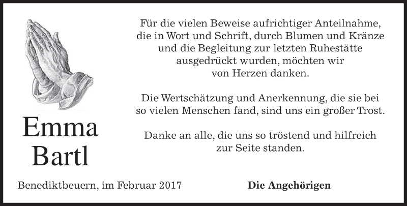  Traueranzeige für Emma Bartl vom 15.02.2017 aus merkurtz