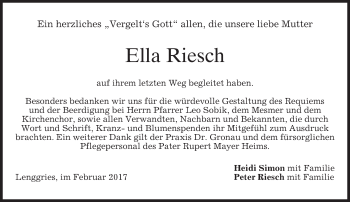 Traueranzeige von Ella Riesch von merkurtz