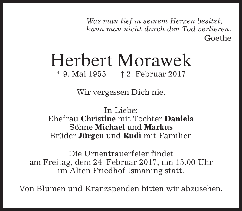 Traueranzeige für Herbert Morawek vom 18.02.2017 aus merkurtz