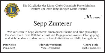 Traueranzeige von Sepp Zunterer von merkurtz