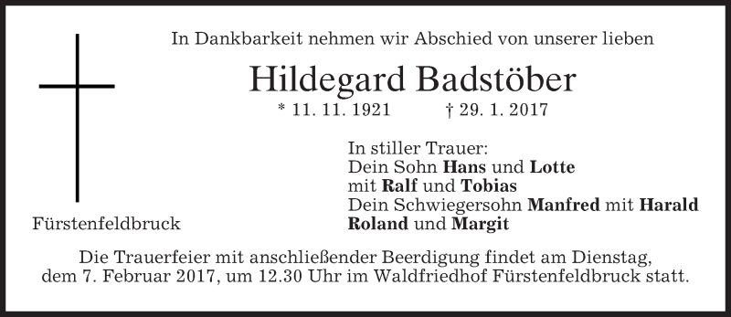  Traueranzeige für Hildegard Badstöber vom 03.02.2017 aus merkurtz