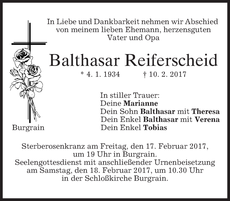  Traueranzeige für Balthasar Reiferscheid vom 14.02.2017 aus merkurtz