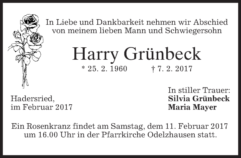  Traueranzeige für Harry Grünbeck vom 10.02.2017 aus merkurtz