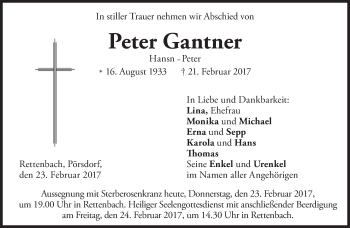 Traueranzeige von Peter Gantner von merkurtz