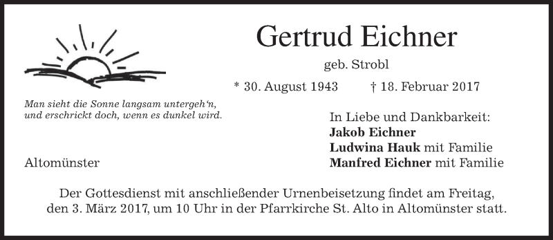  Traueranzeige für Gertrud Eichner vom 25.02.2017 aus merkurtz