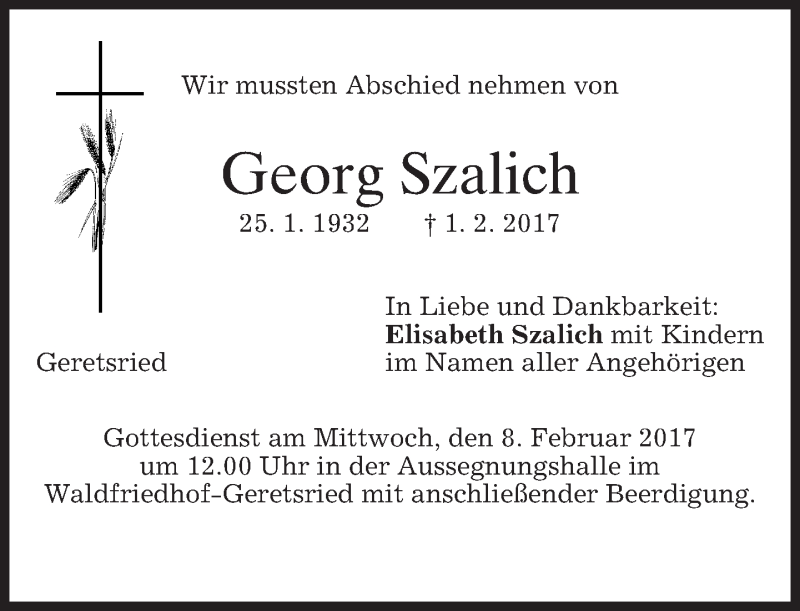  Traueranzeige für Georg Szalich vom 04.02.2017 aus merkurtz