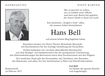 Traueranzeige von Hans Bell von merkurtz