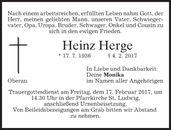Traueranzeige von Heinz Herge von merkurtz