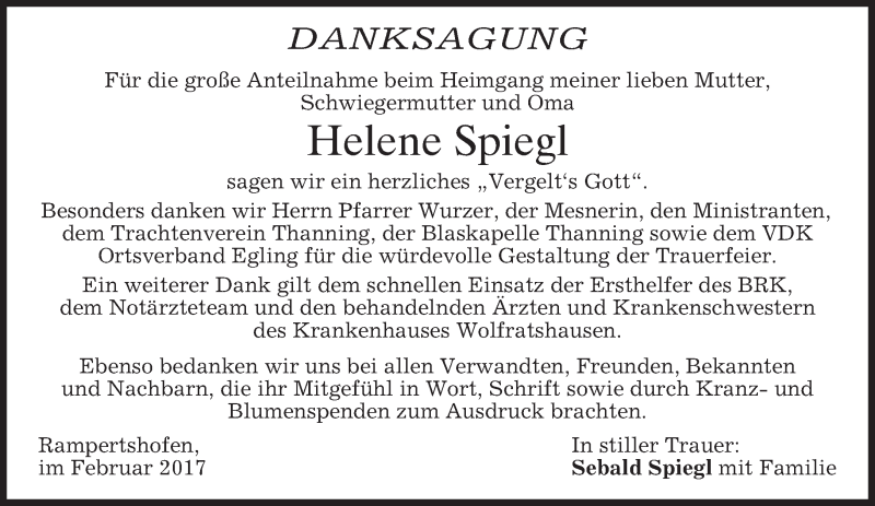  Traueranzeige für Helene Spiegl vom 18.02.2017 aus merkurtz