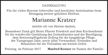 Traueranzeige von Marianne Kratzer von merkurtz