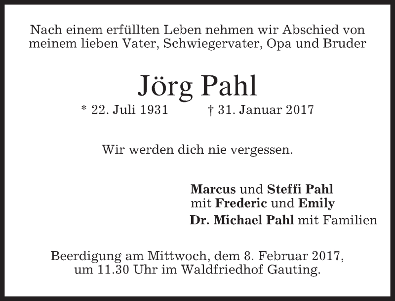  Traueranzeige für Jörg Pahl vom 04.02.2017 aus merkurtz