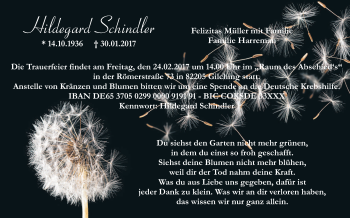 Traueranzeige von Hildegard Schindler von merkurtz