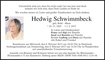 Traueranzeige von Hedwig Schwimmbeck von merkurtz