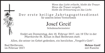 Traueranzeige von Josef Greif von merkurtz