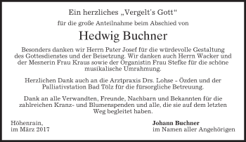 Traueranzeige von Hedwig Buchner von merkurtz
