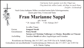 Traueranzeige von Marianne Sappl von merkurtz