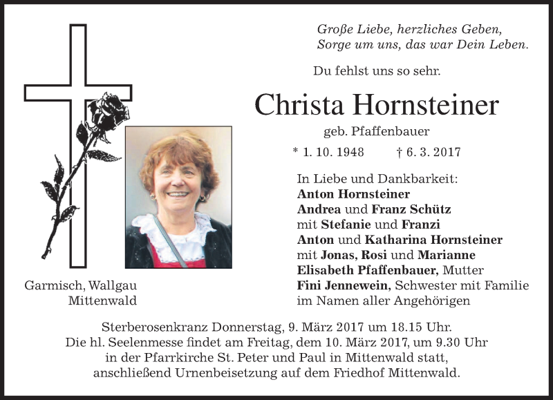  Traueranzeige für Christa Hornsteiner vom 08.03.2017 aus merkurtz
