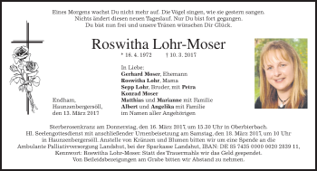 Traueranzeige von Roswitha Lohr-Moser von merkurtz