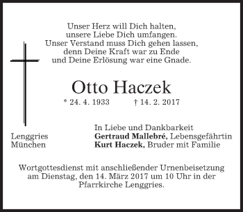 Traueranzeige von Otto Haczek von merkurtz