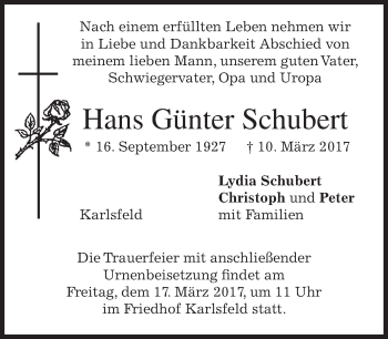 Traueranzeige von Hans Günter Schubert von merkurtz