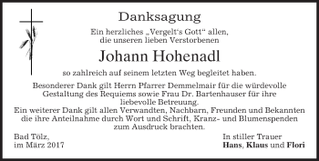 Traueranzeige von Johann Hohenadl von merkurtz