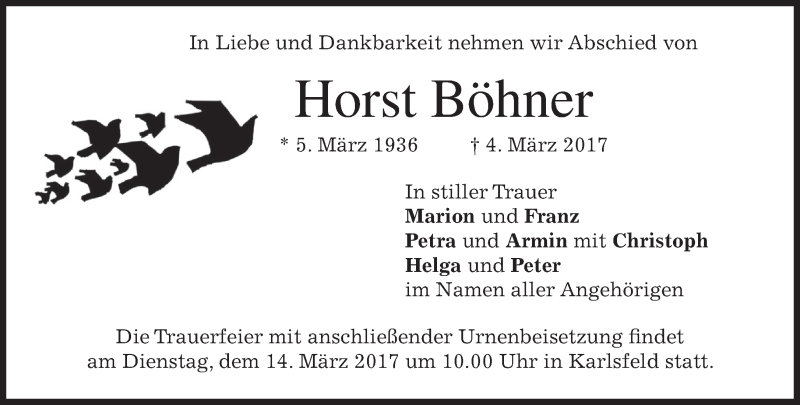  Traueranzeige für Horst Böhner vom 11.03.2017 aus merkurtz