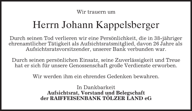  Traueranzeige für Johann Kappelsberger vom 04.03.2017 aus merkurtz