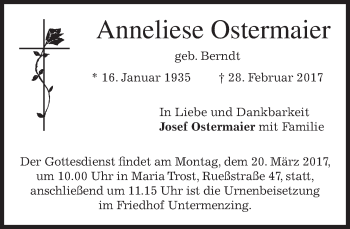Traueranzeige von Anneliese Ostermaier von merkurtz