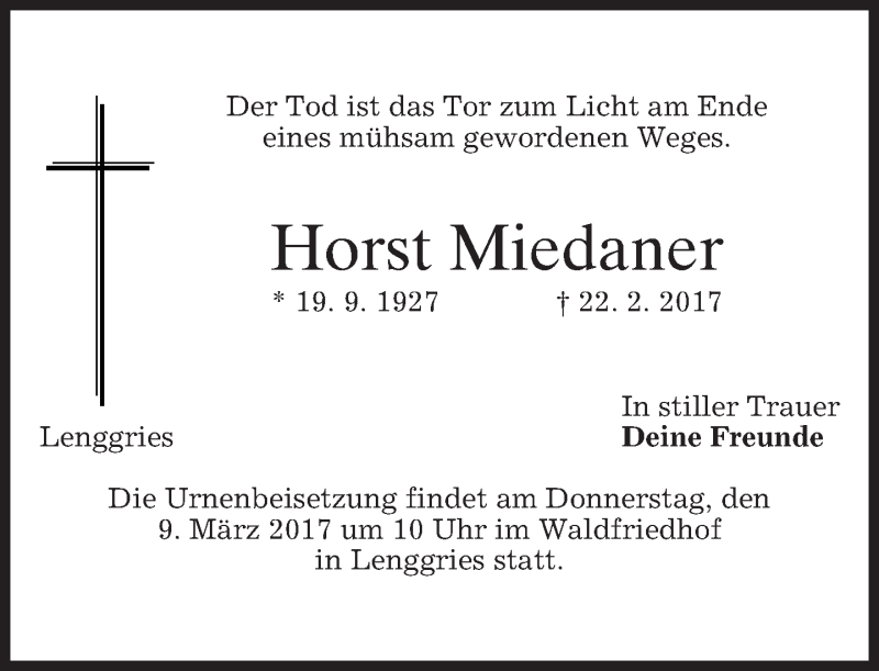  Traueranzeige für Horst Miedaner vom 07.03.2017 aus merkurtz