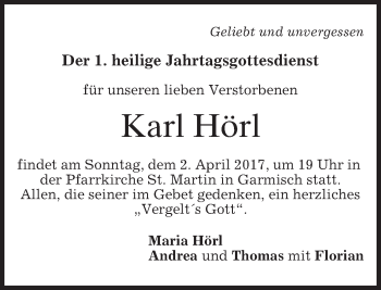 Traueranzeige von Karl Hörl von merkurtz