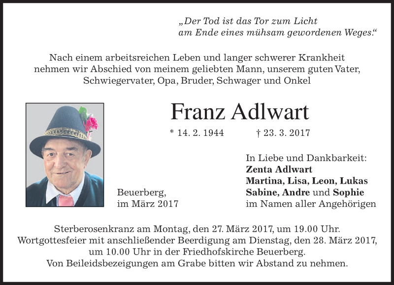  Traueranzeige für Franz Adlwart vom 25.03.2017 aus merkurtz