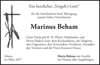 Traueranzeige von Marinus Beham von merkurtz