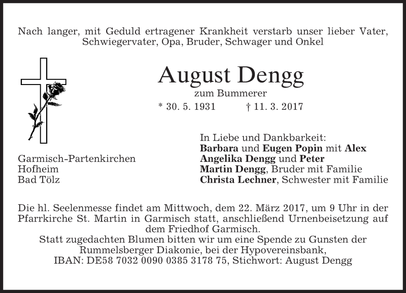  Traueranzeige für August Dengg vom 18.03.2017 aus merkurtz
