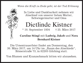 Traueranzeige von Dietlinde Kistner von merkurtz
