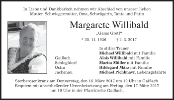 Traueranzeige von Margarete Willibald von merkurtz