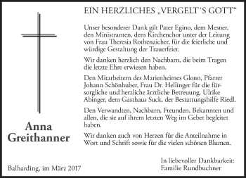 Traueranzeige von Anna Greithanner von merkurtz