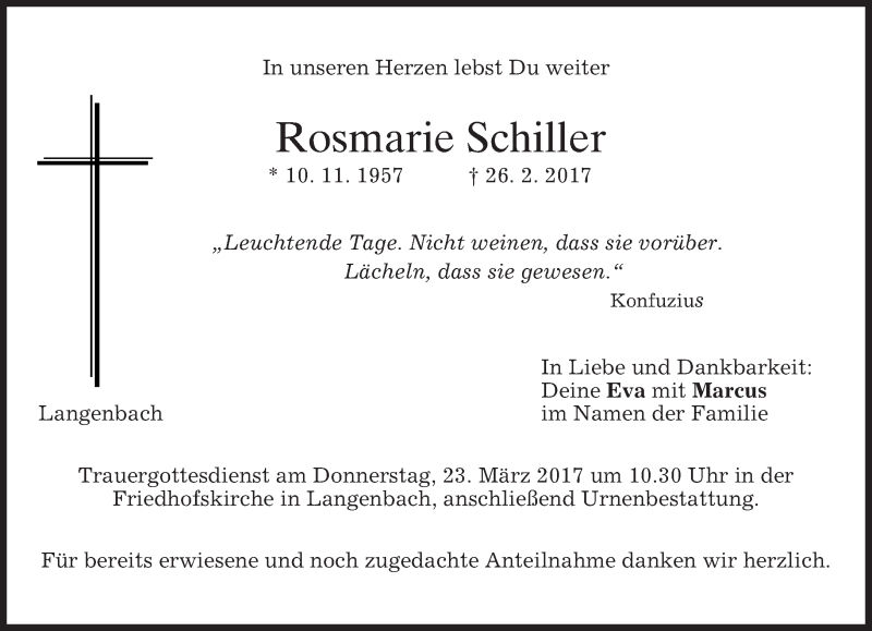  Traueranzeige für Rosmarie Schiller vom 20.03.2017 aus merkurtz