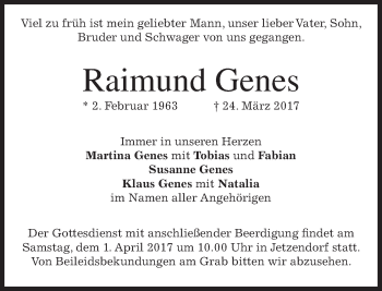 Traueranzeige von Raimund Genes von merkurtz
