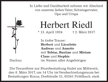 Traueranzeige von Herbert Riedl von merkurtz