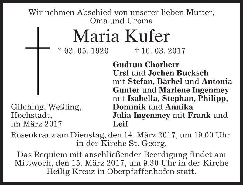  Traueranzeige für Maria Kufer vom 11.03.2017 aus merkurtz